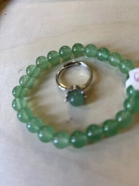 Green Aventurine Bead Bracelet with Matching Ring - Women Jewelry